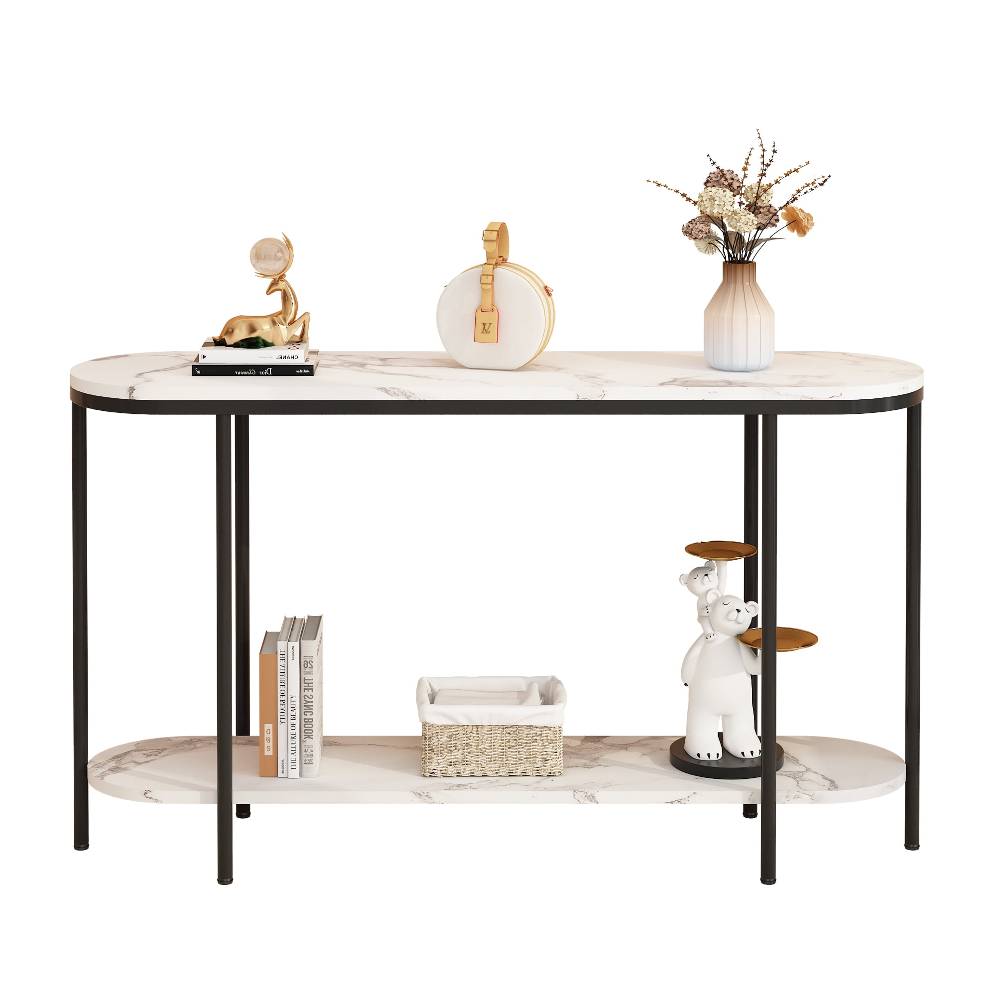 Ktaxon Entryway Table 2 Tier for Entrance, Sofa Coffee Desk Home Furniture with Storage Shelves, Metal Artificial Marble Black & White