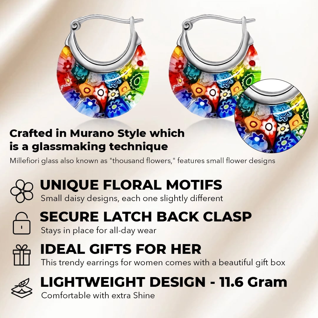 Murano Style Glass Hoop Earrings for Women Daisy Flower Stainless Steel Dangle Fun Vibrant Colorful Teacher Glass Jewelry Unique Anniversary 11.6 Gms Birthday Christmas Gifts
