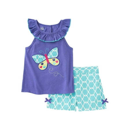 Kids Headquarters Infant Girls 2 PC Butterfly Shirt & Flower Shorts Outfit