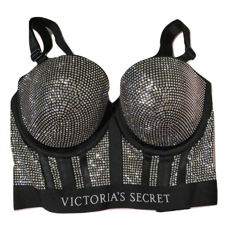 Victoria's Secret longline 34C BRA SET BLACK crystal FASHION SHOW SHINE  STRAP 