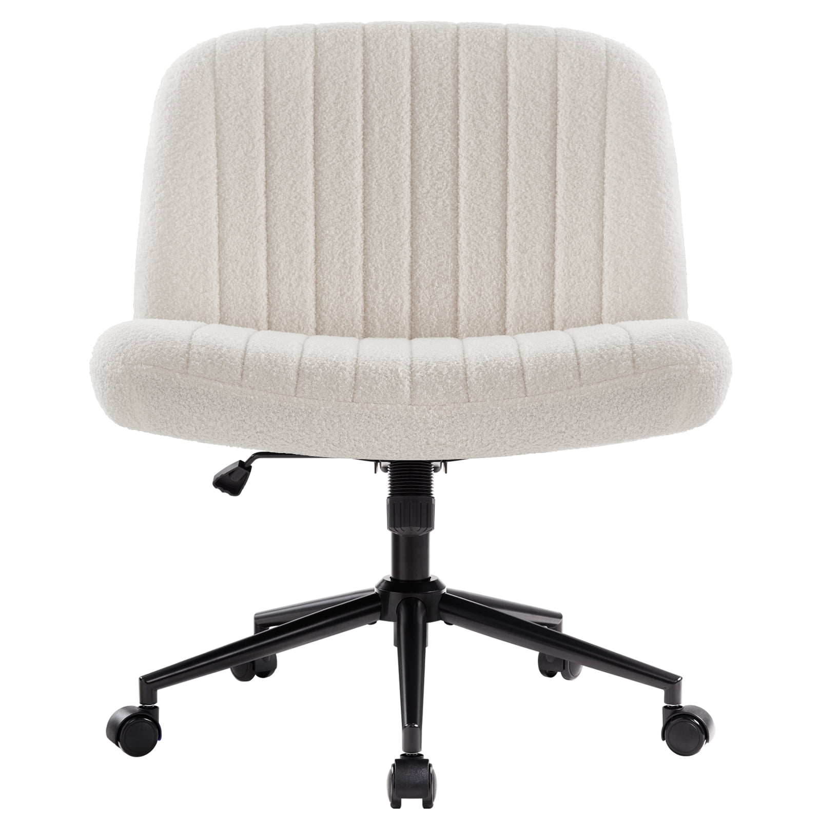 White Criss Cross Chair with Wheels, Armless Wide Seat Office Chair, Teddy Fabric,Cross Legged Desk Chair,Height Adjustable Computer Task Chair,Swivel Vanity Chair for Bedroom,Make Up,Small Space