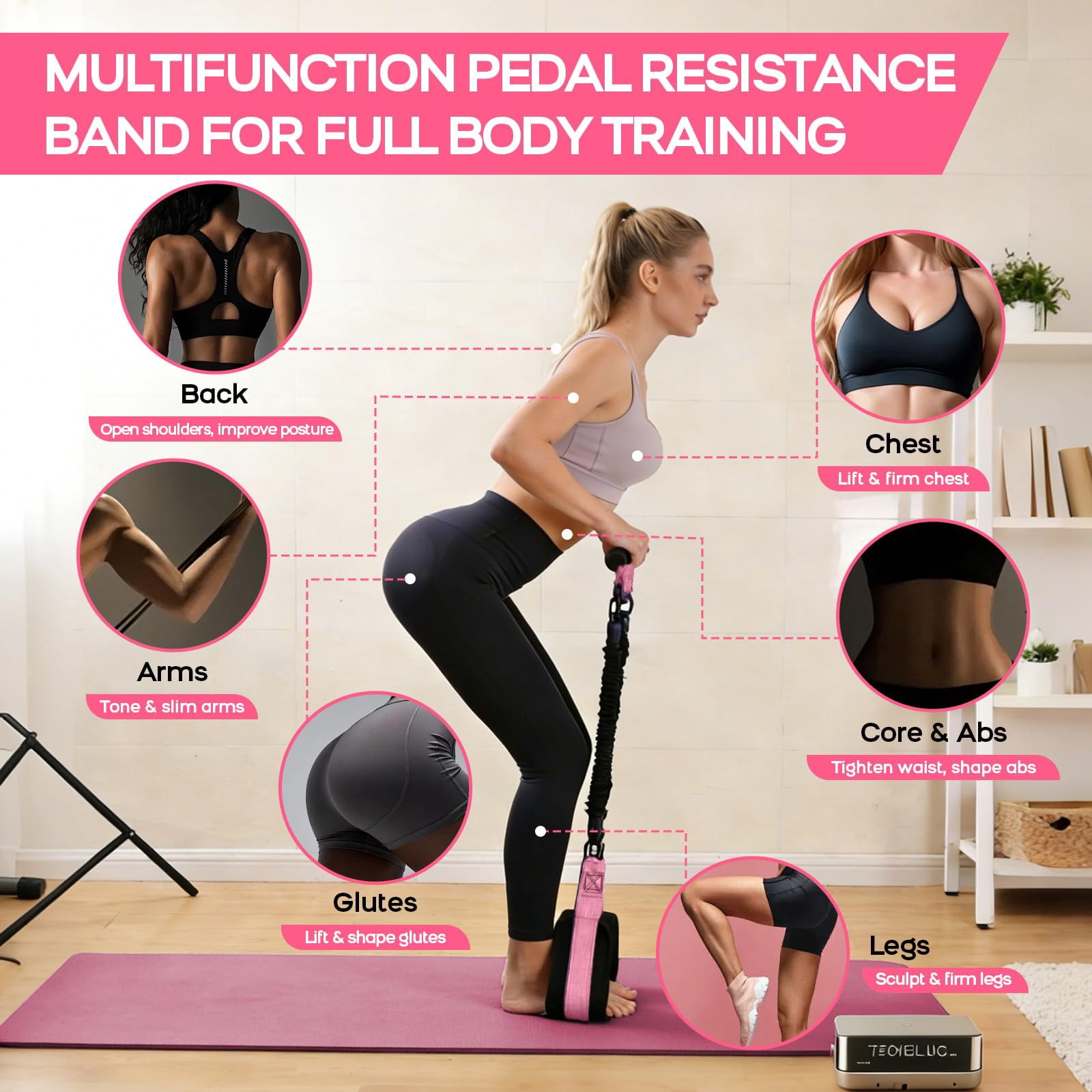 Multifunction Pedal Resistance Band with Handle, 3 Tube Adjustable 30/40/50LB Foot Pedal Puller Resistance Bands with Poster, Extended Length Tension Rope for Men Women Full Body Workout Home Gym