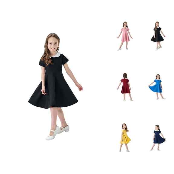 Classic Summer Girls' Dress School Style Color Contrast Short Sleeve Fit and Flare Skater Dress with Pockets, Vintage Collar Casual Party Wear 4-12 Years