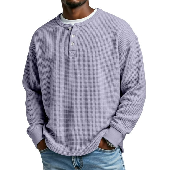 Waffle Shirts Men Casual Long Sleeve Knit Tops Button Neck Henley T-Shirts