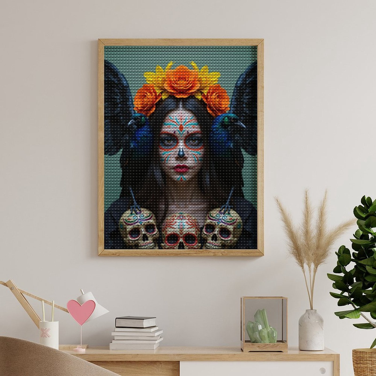 Diamond Art Kits for Adults, Orange Flowers Skull Face Ravens 5D Diamond Painting Kits for Adults Beginners, DIY Full Drill Diamond Painting, Gem Art and Crafts 12x16