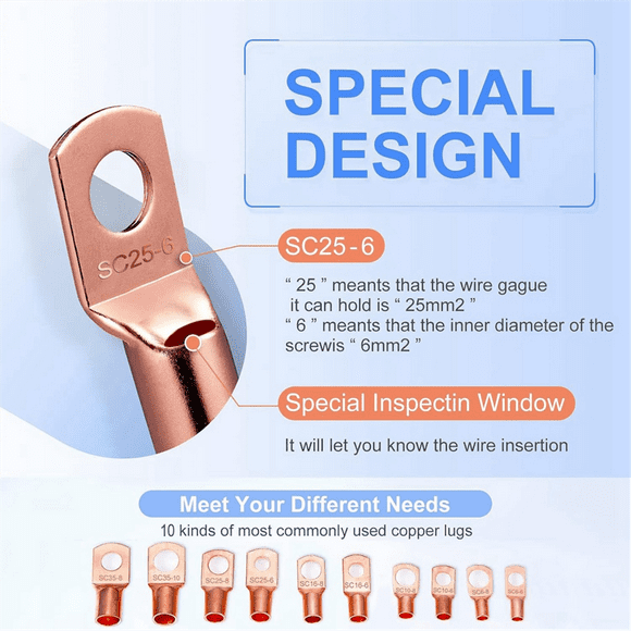 160Pcs Battery Terminal Connectors AWG 2 4 6 8 10 12 Wire Connectors with Heat Shrink Tubing, Copper Wire Lugs