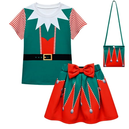 

Toddler Girls Outfits Dressy Outfits Baby Kids Suit Christmas Short Sleeve Top Skirt Bag 3Pcs Set Fall Girls Clothes 6 Years-7 Years
