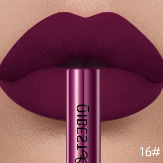 QIBEST-brillo de labios rojo Sexy, lápiz labial líquido mate de terciopelo de larga duración, maquillaje de labios resistente al agua, taza antiadherente, tinte de labios morado negro