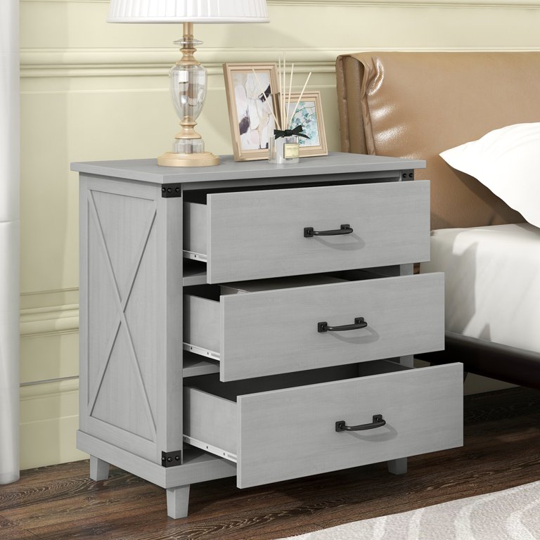 Modern Bedroom Nightstand with 3 Drawers Storage , Gray 