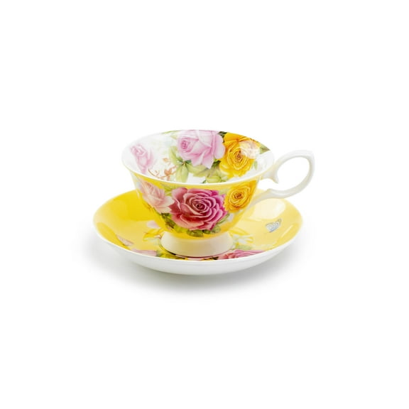 Grace Teaware Rose Bouquet Yellow 7oz Bone China Tea Cup and Saucer
