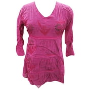 Mogul Women's Blouse Embroidered Elephant Print Rayon Pink Tunic Top