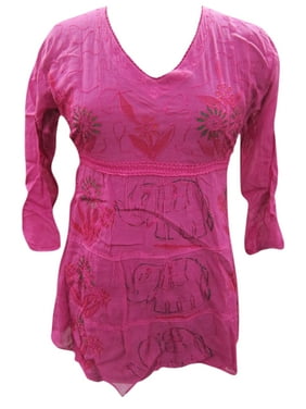 Mogul Women's Blouse Embroidered Elephant Print Rayon Pink Tunic Top