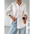 thumbnail image 6 of Womens Oversized Button Down Shirts Textured Collared Long Sleeve Shacket Casual Fall Blouses Tops White S, 6 of 7
