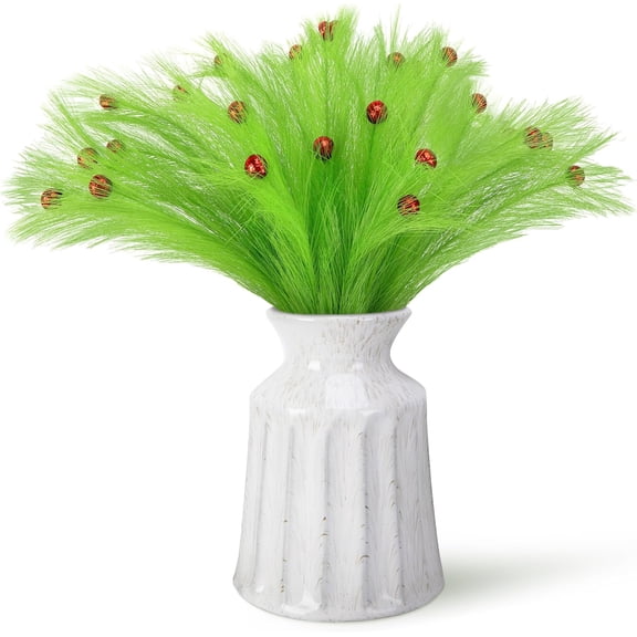 24 Pcs Christmas Tree Furry Picks, Lime Green Curly Picks with Red Berry Decor, Christmas Tree Topper Stem Ornaments for Xmas Party Wreath Vase Filler Branches Decoration Craft Supplies