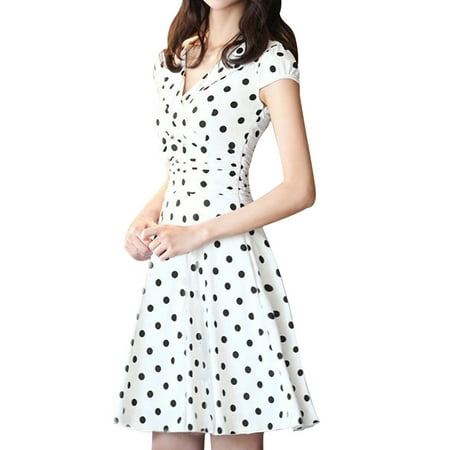 - Unique Bargains Women's Crossover V Neck Cap Sleeve Shirred Side Lining Dotted Dress