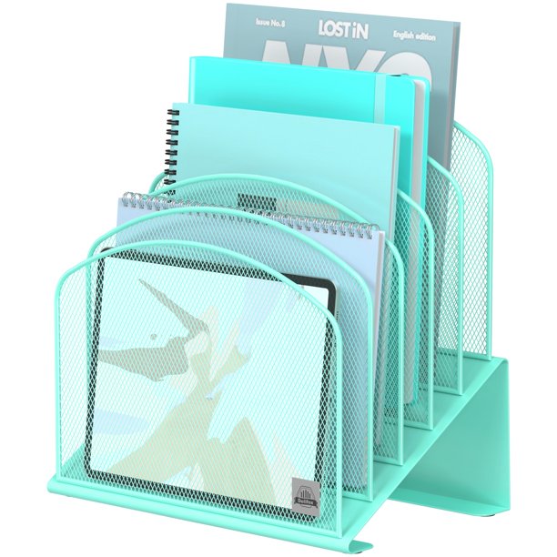 Delifox Organizador de archivos de escritorio inclinado, soporte vertical para carpetas de archivos de 5 secciones, clasificador de archivos en estante de metal para organización de escritorio en el a
