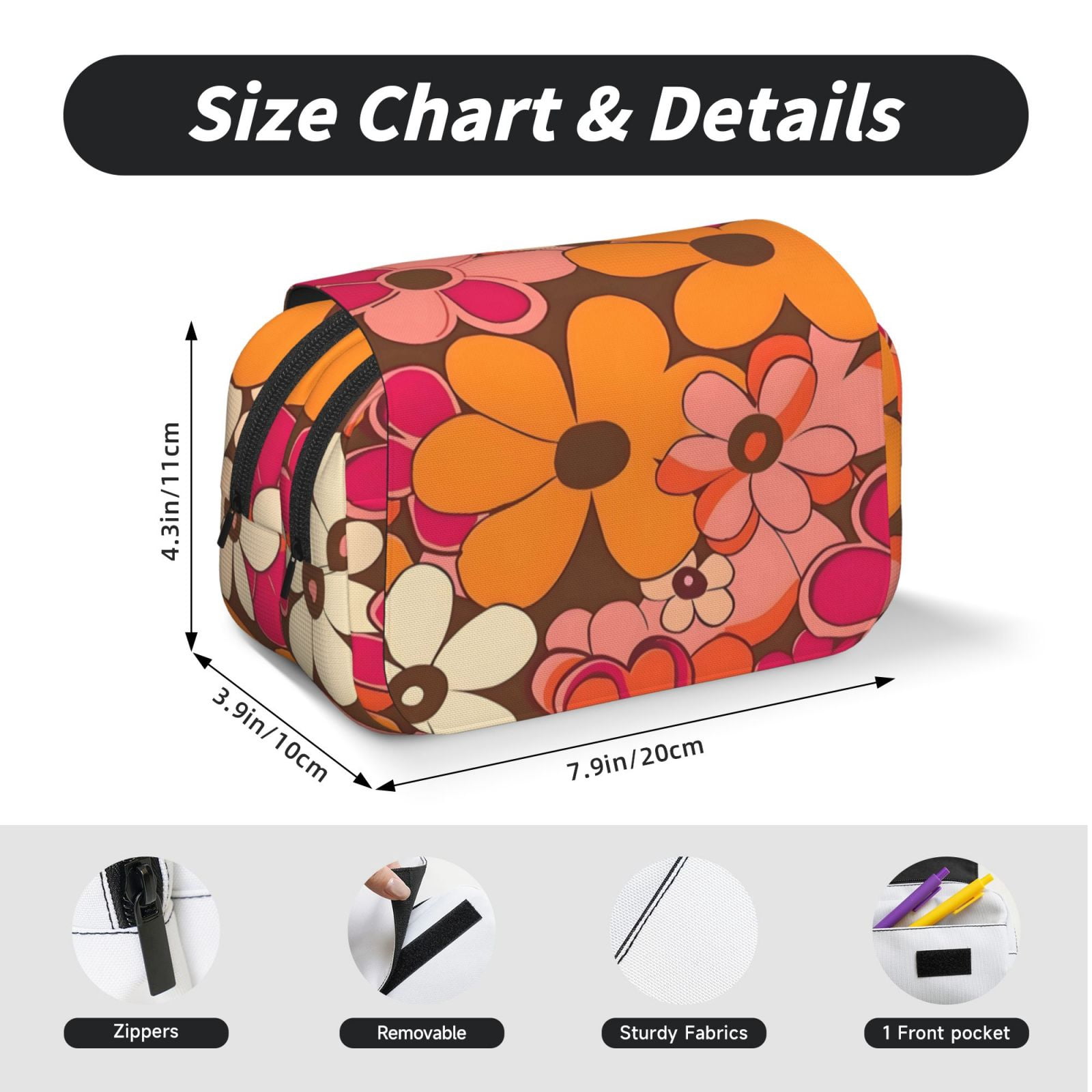 Large-Capacity Flip-Top Double-Layer Pencil Case, Multi-Functional Pocket Pen Case, Durable Stationery Organizer Retro Groovy Flowers Pattern (14)