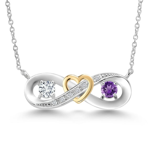 Gem Stone King 925 Silver and 10K Yellow Gold Two-Tone Purple Amethyst and Lab Grown Diamond Heart Interlocking Infinity Symbol Pendant Necklace for Women (0.58 Cttw, with 18 inch Chain)