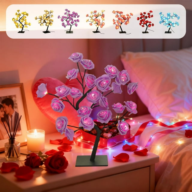 Lámpara LED con forma de rosal | Luz nocturna romántica decorativa | Multicolor, rojo, azul, morado, blanco, rosa y amarillo | Alimentación por USB | 24 LED | Ambiente artístico para el hogar | 45 x