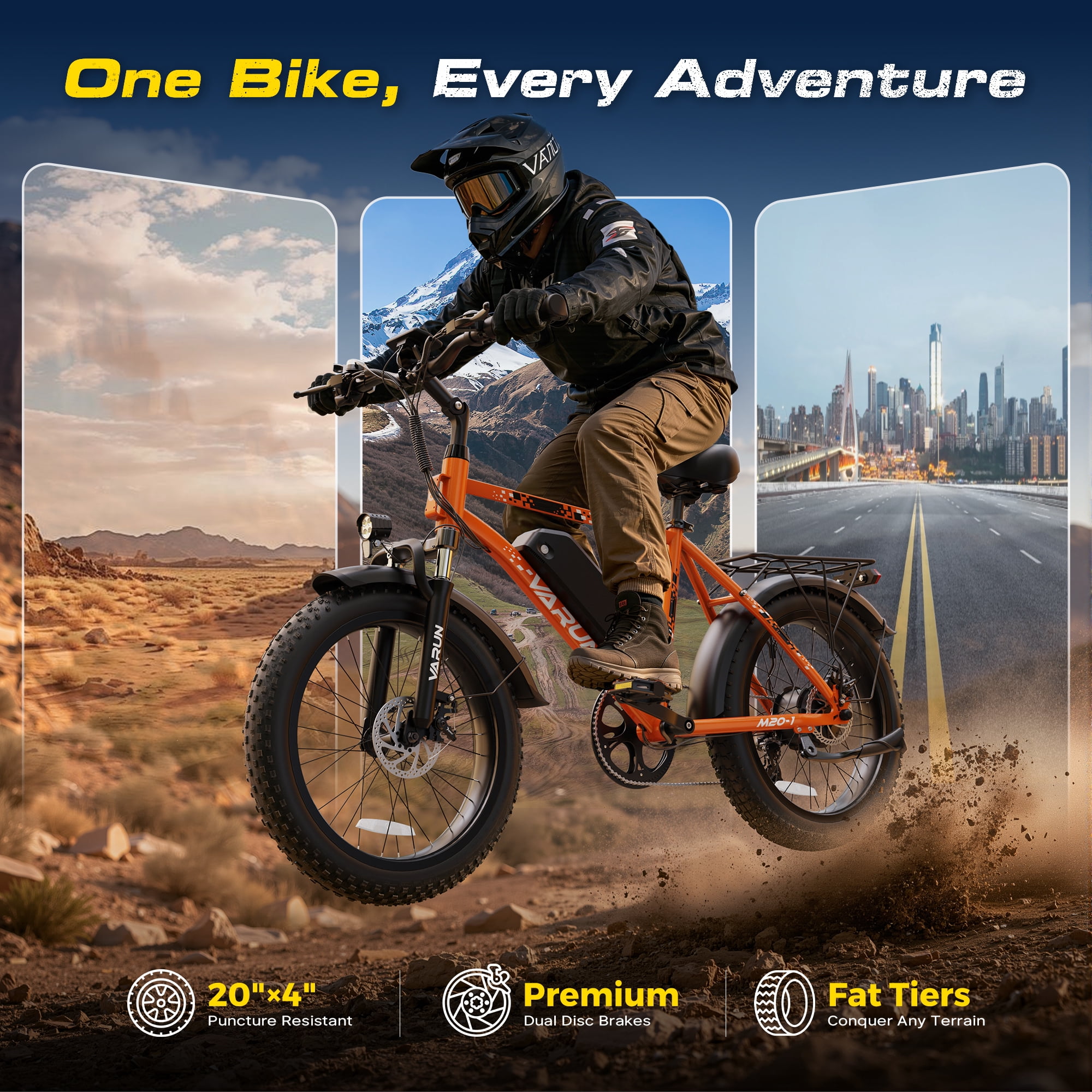 VARUN Electric Bike, 20" Fat Tire EBike for Adults with Peak 750W 48V 624Wh Removable Battery, Electric Mountain Bike for Men & Women with Top 20MPH 60Miles,7 Speed, Rear Rack, UL2849