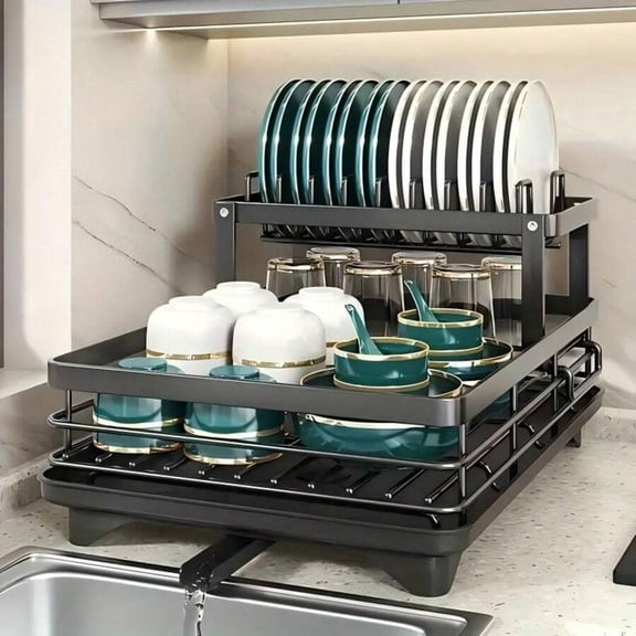 EASHZMFYTBF Black Dish Drying Rack, 2 Tier Dish Racks for Kitchen Counter, Large Stainless Steel Kitchen Dish Drying Rack with Drainboard, Detachable Dish Drainers with Utensil Holders