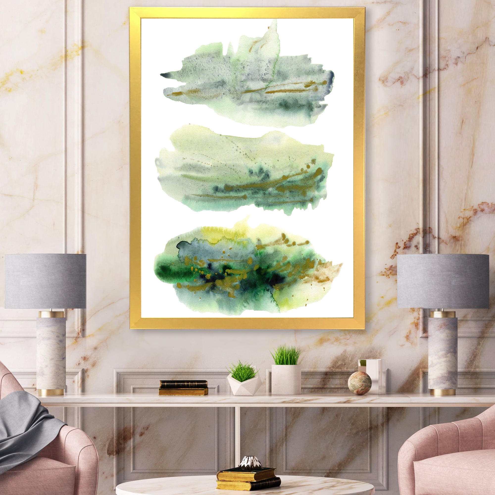 Designart 'Golden Green Abstract Clouds II' Modern Framed Art Print