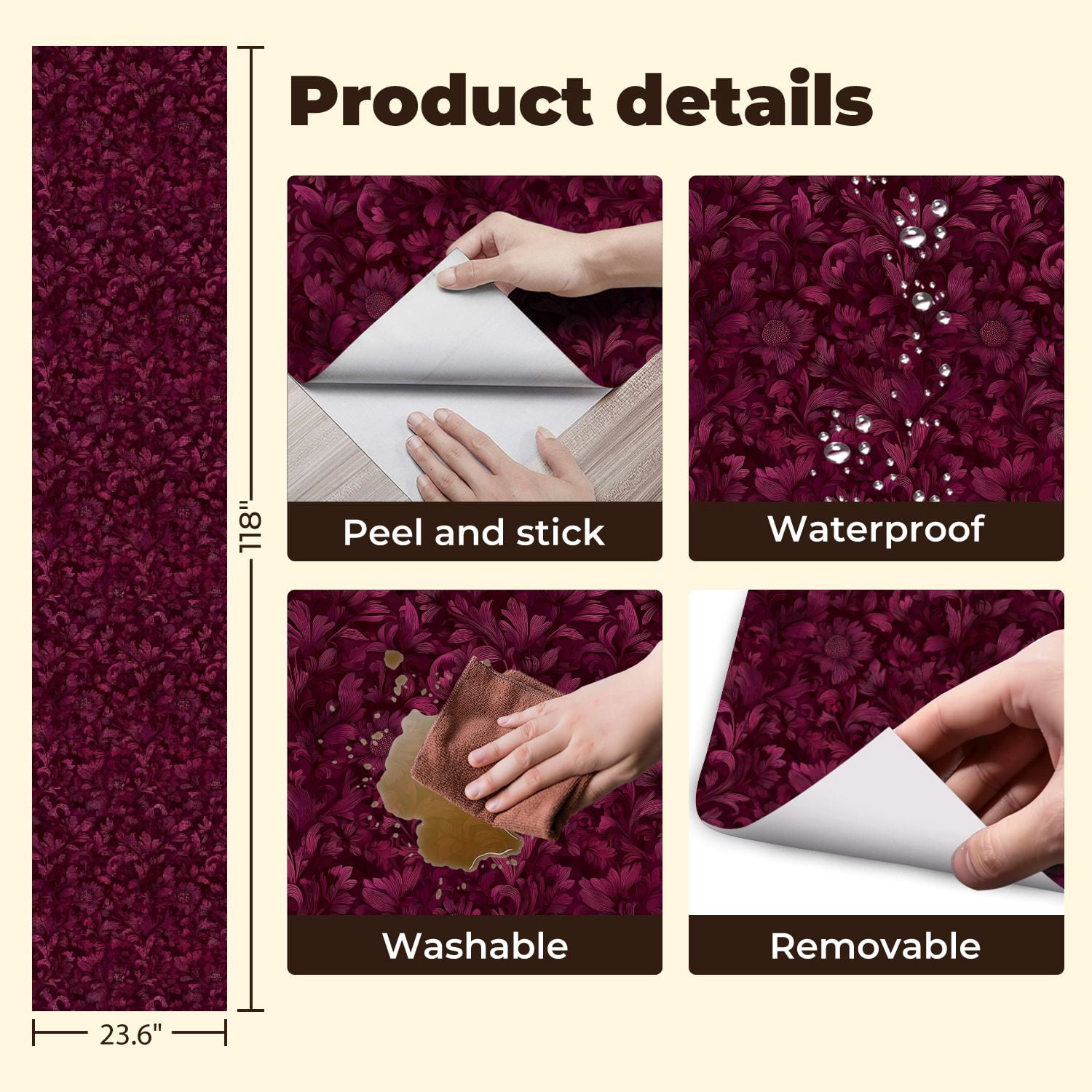 Peel and Stick Wallpaper 23.6in x 9.8ft Luxurious Burgundy Damask Floral Vintage Contact Paper Vinyl Waterproof Self Adhesive Wall Paper for Bedroom Shelf Cabinet Renter Friendly