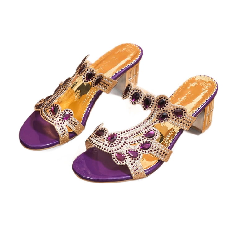 Hurxie Womens Chunky Block Low Heel Open Toe Sandals Mules Shoes Slingback Slip-on Prom Wedding Dress Purple 7