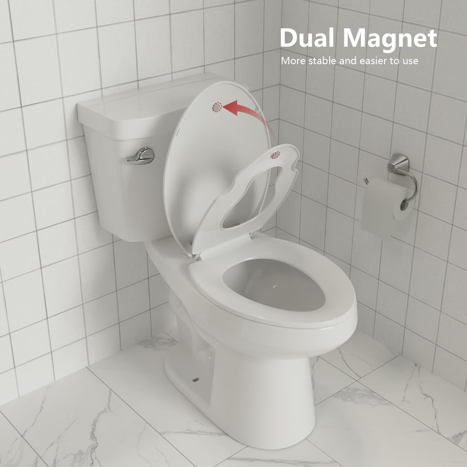 Soft Close Commercial Toilet Seat with Built-in Toddler Potty Training - Quick-Release Hinges, Durable Plastic, Mark-Resistant, Easy Clean, Fits 19" Elongated Toilets, 2 Pack, White