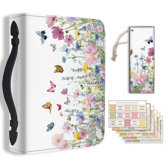 1pc Large Bible Cover 20.3x28.5x5.9cm PU Leather Book Protector Case with Bookmark Wildflowers Bible Carrying Case
