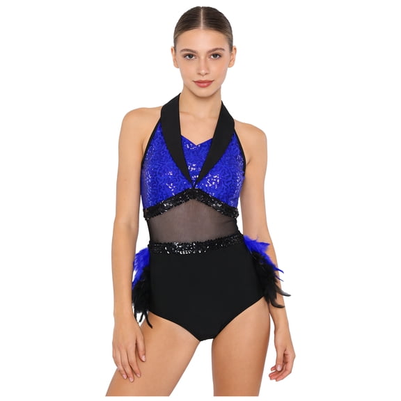 TiaoBug Women Sleeveless Latin Dance Leotards with Skirt Feather Sequin Jazz Ballroom Dance Bodysuit Royal Blue XL