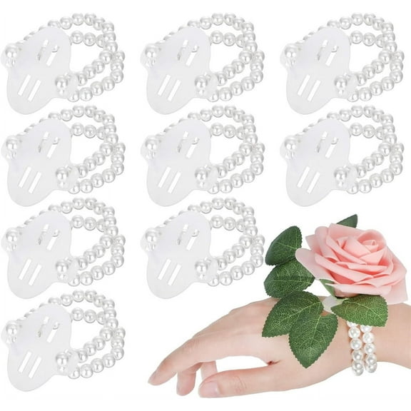 Triani 10Pcs Elastic Pearl Wrist Corsage Bands Wristlets DIY Wrist Corsages Accessories for Wedding Bride Girls Gift Prom(White)