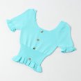 thumbnail image 2 of Camiseta de punto para mujer, manga corta, cuello cuadrado, corte ajustado, botón superior, azul kenally  AP001523-05B, 2 of 7