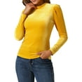 thumbnail image 4 of INSPIRAR CHIC Blusa de terciopelo metálico con brillo y cuello alto de manga abullonada para mujer XS Amarillo, 4 of 6