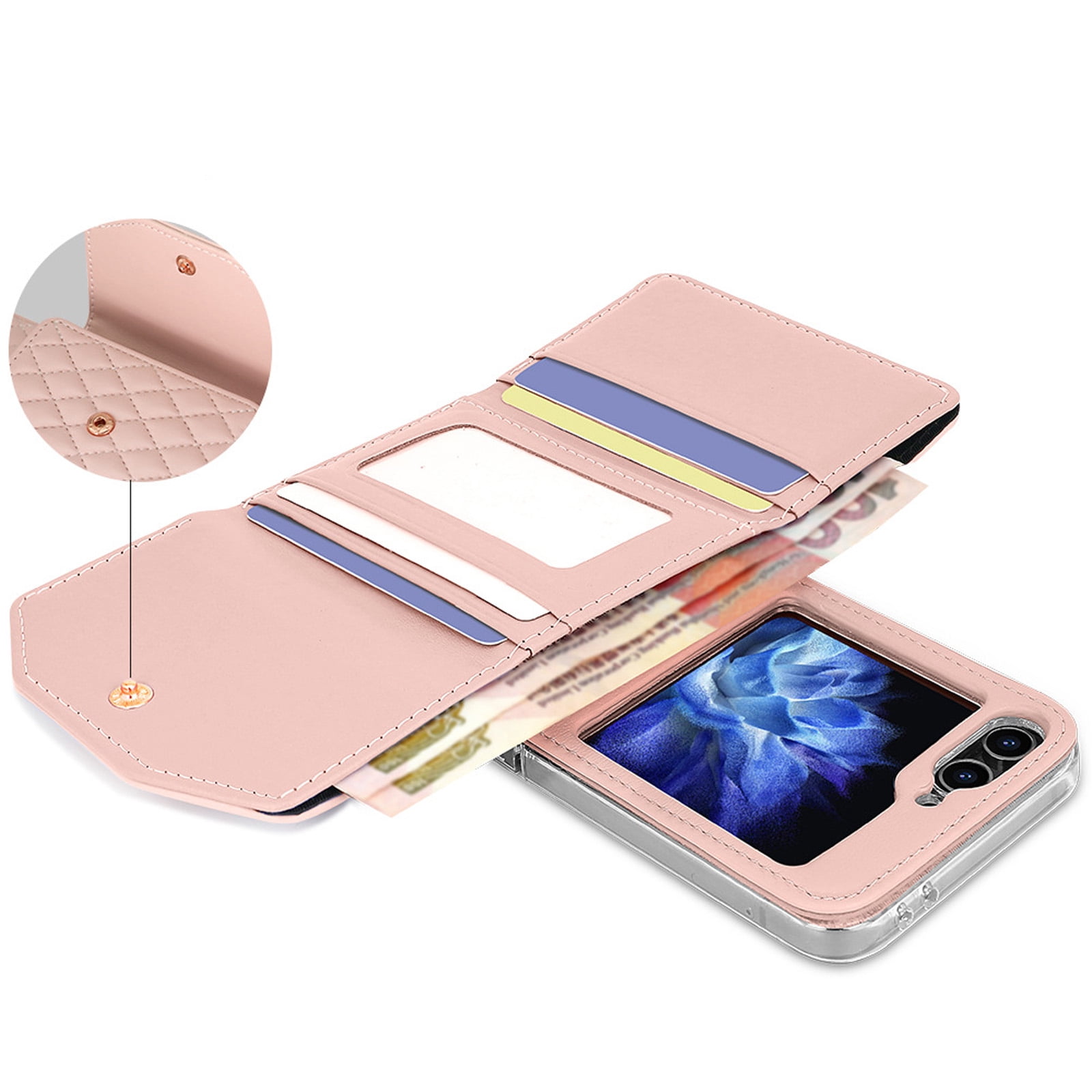 ELEHOLD Leather Wallet Case For Samsung Galaxy Z Flip 4, PU Leather Crossbody Strap Card Slots Drop Protective Phone Case Hinge Cover, Stand Feature, Pink