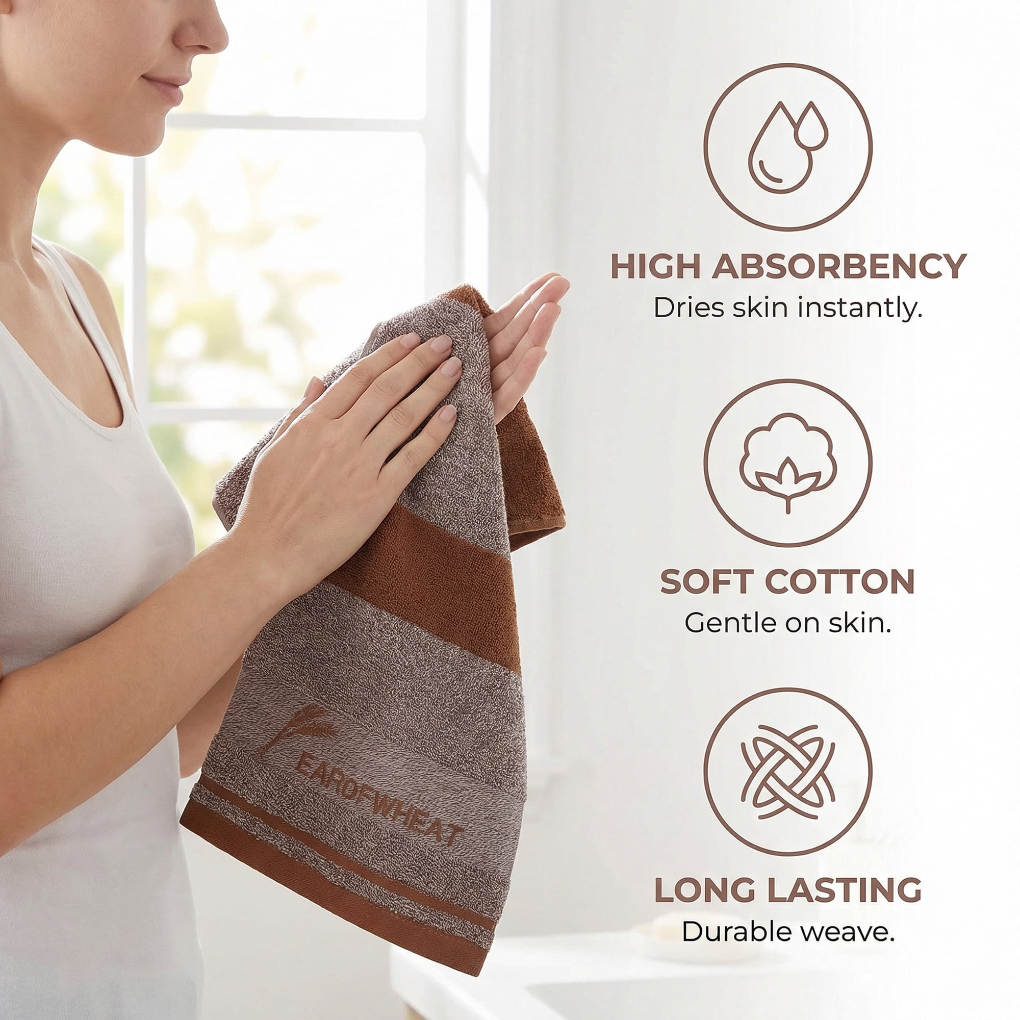 Unique Bargains Ear of Wheat Stripe Cotton Soft Absorbent Hand Towel Brown 4pcs 29" x 13"