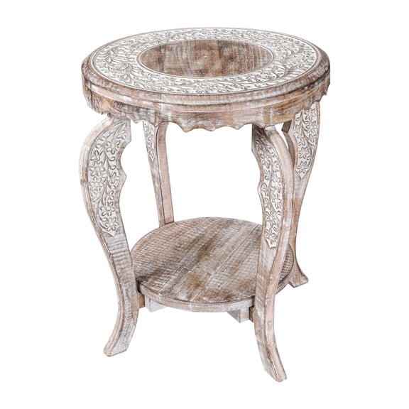 The Wooden Town Farmhouse Round Accent End Table,Rustic Side Table Nightstands for Living Room Bedroom,Coffee Tables,Wood Tray Top,Handcrafted Finish, 18"x22" - White Wash