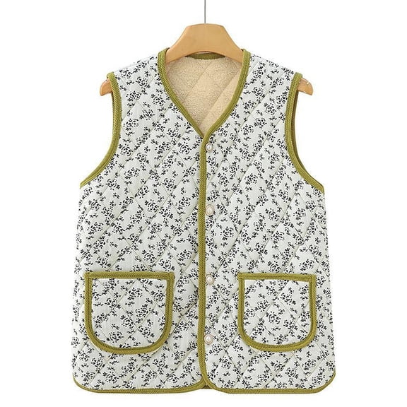 Pounoo Gift Boho Fashion Floral Print Vest Tops for Women Button V-Neck Waistcoat Sleeveless Cotton Vest Business Casual Outfits for Women