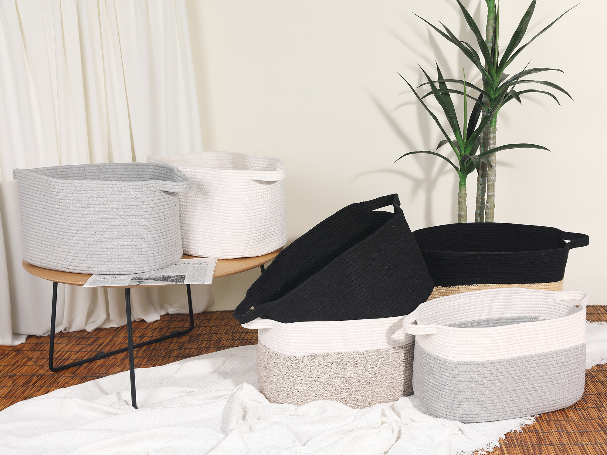 Unique Bargains Woven Storage Basket with Handle Shelf Storage Bin for Home White Grey