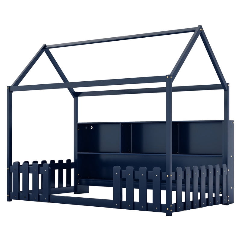 Mirightone Twin Size House Bed frame, Twin Floor Bed with High Rails & Storage Shelves, Montessori Bed with LED Light, Solid Wood House Floor Bed (Blue)