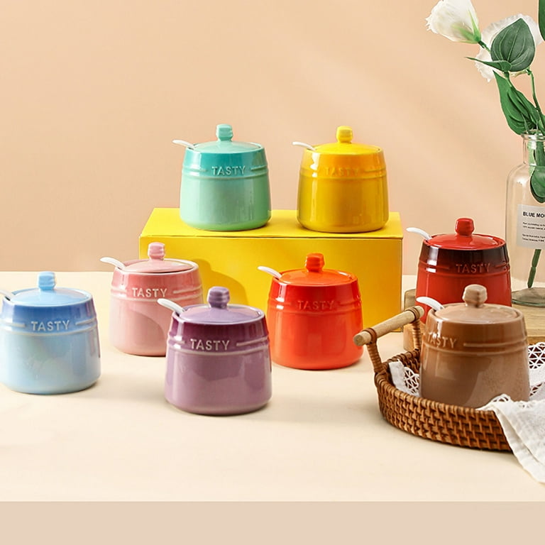 Ceramic Sugar Storage Jar, Sugar Salt Pot, Colorful Ceramic Sugar Bowl with  Lid, Porcelain Sugar Pot with Spoon, Small Salt Pot, Storage Jar, for