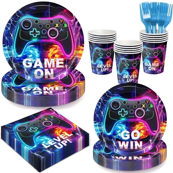 Video Game Party Decorations Supplies, Plates, Napkins, Cups and Cutlery Set, Serves 10, Neon Controller Theme for Birthday