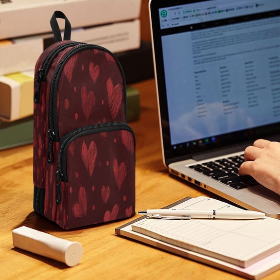Backpack Pencil Case, 3 Compartment Large Capacity Oxford Fabric Pencil Pouch / Dark Red Sketch Hearts Print