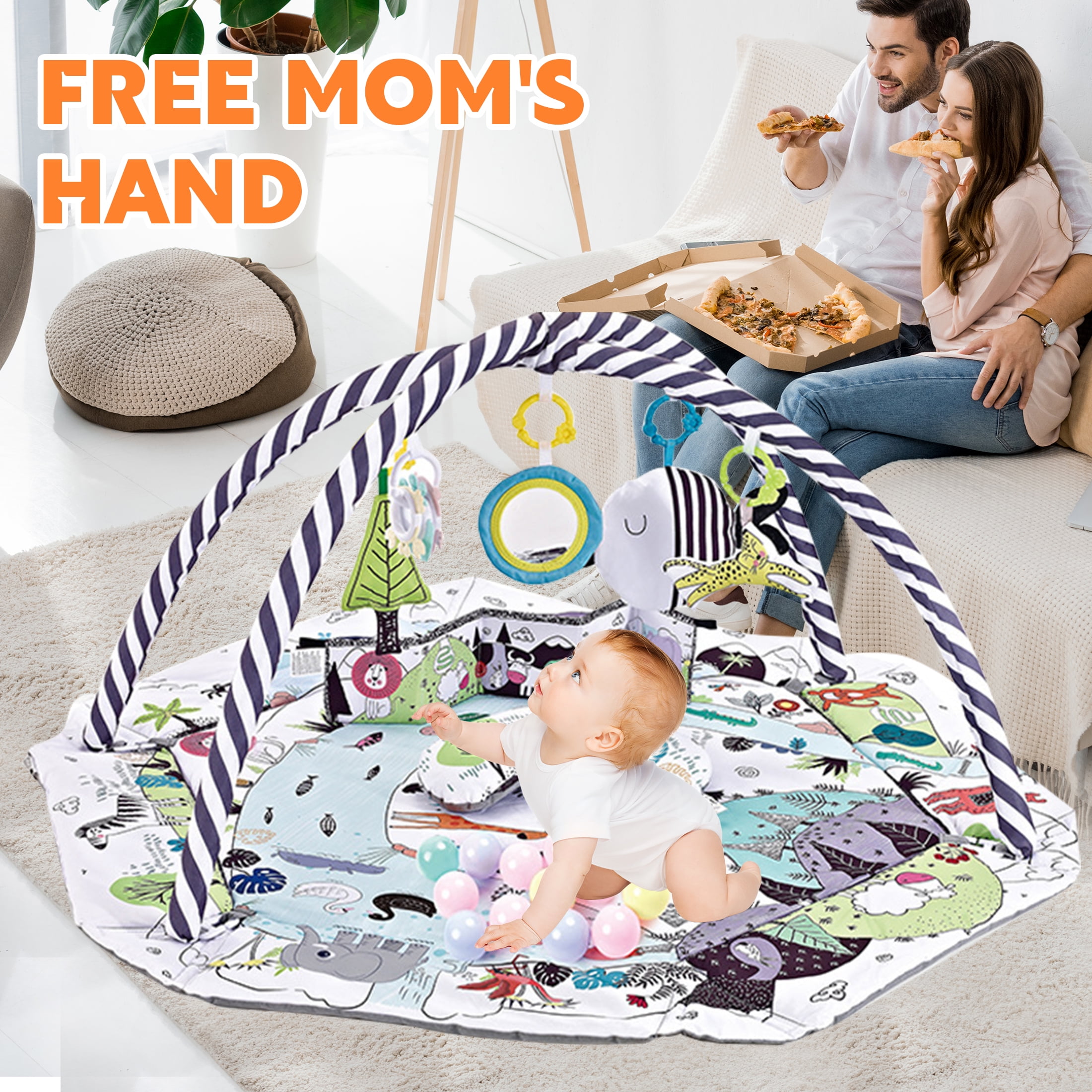 Baby Play Gym and Activity Mat - 4-in-1 Tummy Time Gym with Sensory Toys for Infants & Toddlers, White