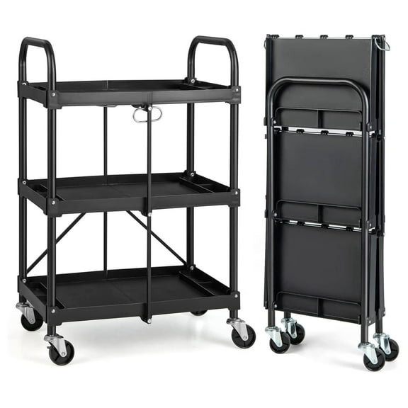 Folding Service Cart with Wheels, Heavy Duty Metal 3 Tier Foldable Utility Cart w/Universal Wheel & Compartments, Collapsible Tool Push Cart for Home Garage Office