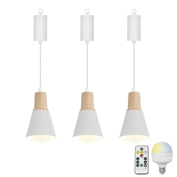KAYYELAMP White Mini Metal Shade Wooden Base Adjustable Cord Battery Dimmable Pendant Light for Kitchen Farmhouse No Wiring Required Hanging Lamp 3 Lights