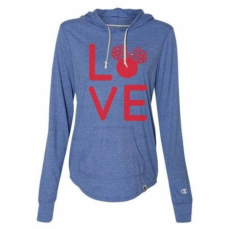 Women's Cute Disney Minnie Mouse Champion Hoodie “Love Minnie Mouse” Light Weight Sweatshirt 2X-Large, Blue