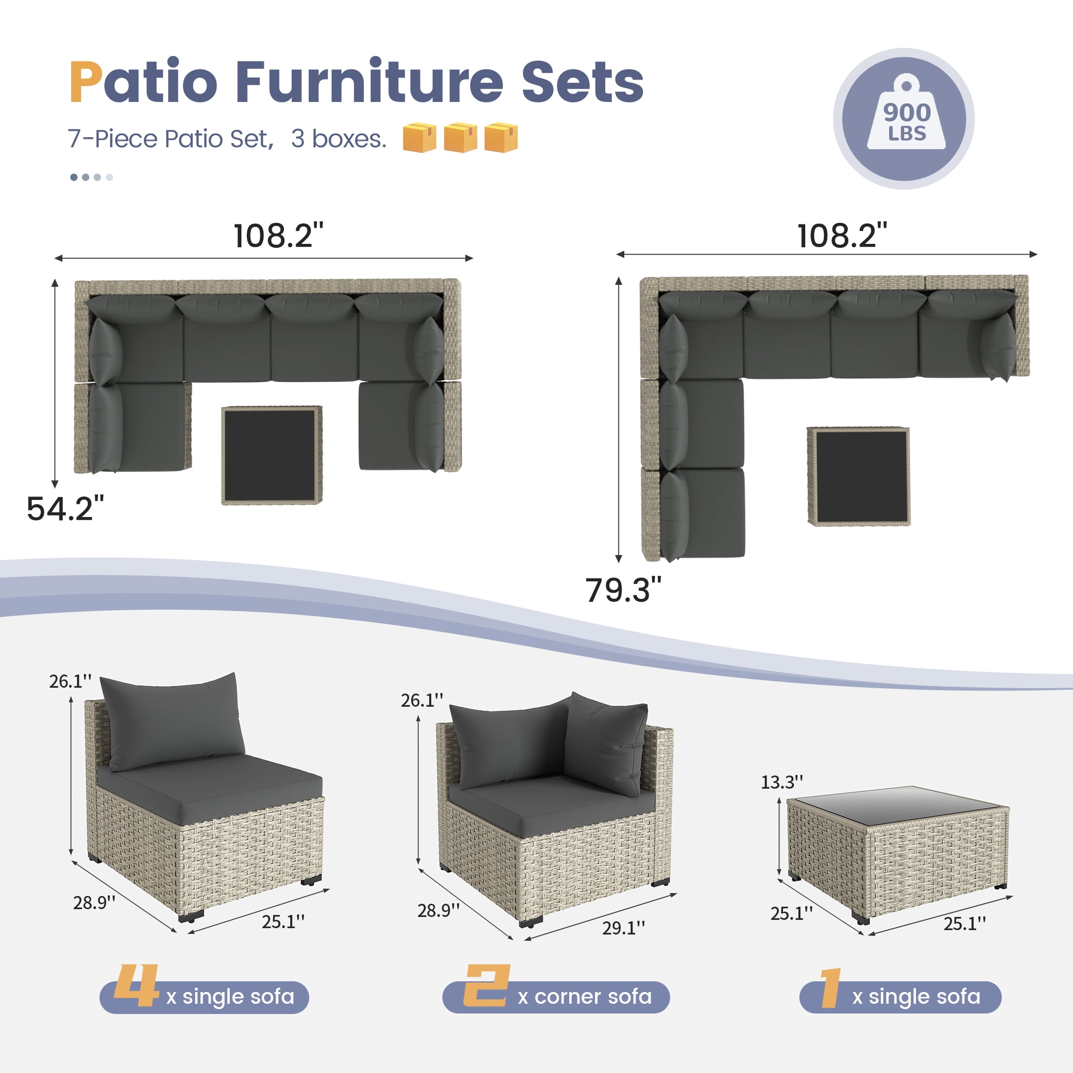 UDPATIO 7-Piece Outdoor Wicker Patio Furniture Set with Cushions for Backyard, Porch, Garden, Gray
