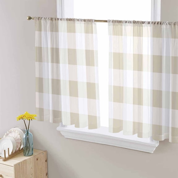 Beige Plaid Semi Sheer Curtains 45 Inch Length 2 Panels Set, Spring Summer Farmhouse Buffalo Checkered Sheer Kitchen Curtain Privacy Voile Window Curtain for Living Room Bedroom Rod Pocket Drapes