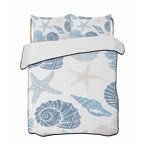 Quilt King Size Bedding Set, Blue Coastal Reversible Summer Quilt 3 Pieces, Shell Starfish Coral Nautical Summer Beach Lightweight Bedspreads Coverlets with 2 Pillow Shams for All Seasons